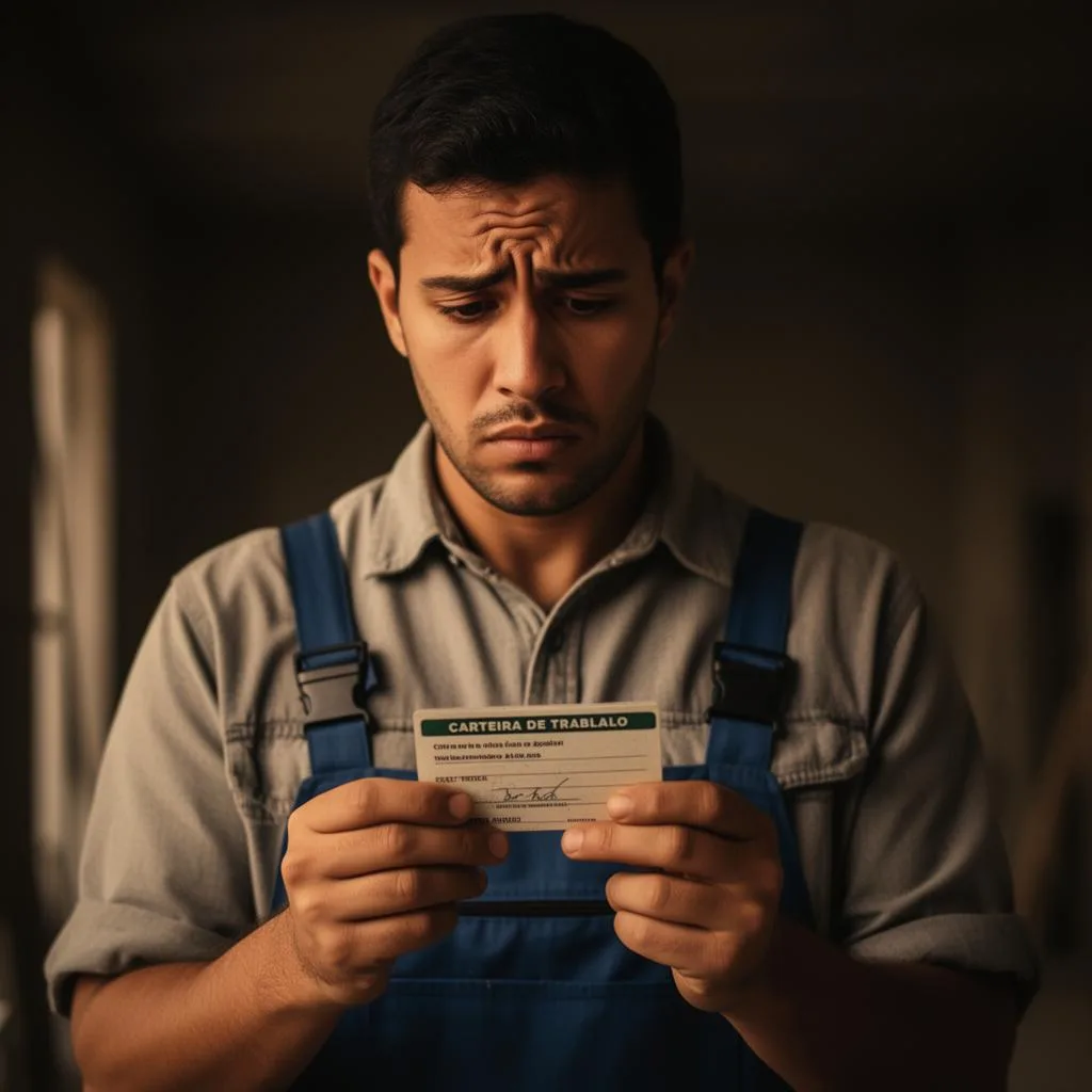 Trabalhador preocupado segurando carteira de trabalho
